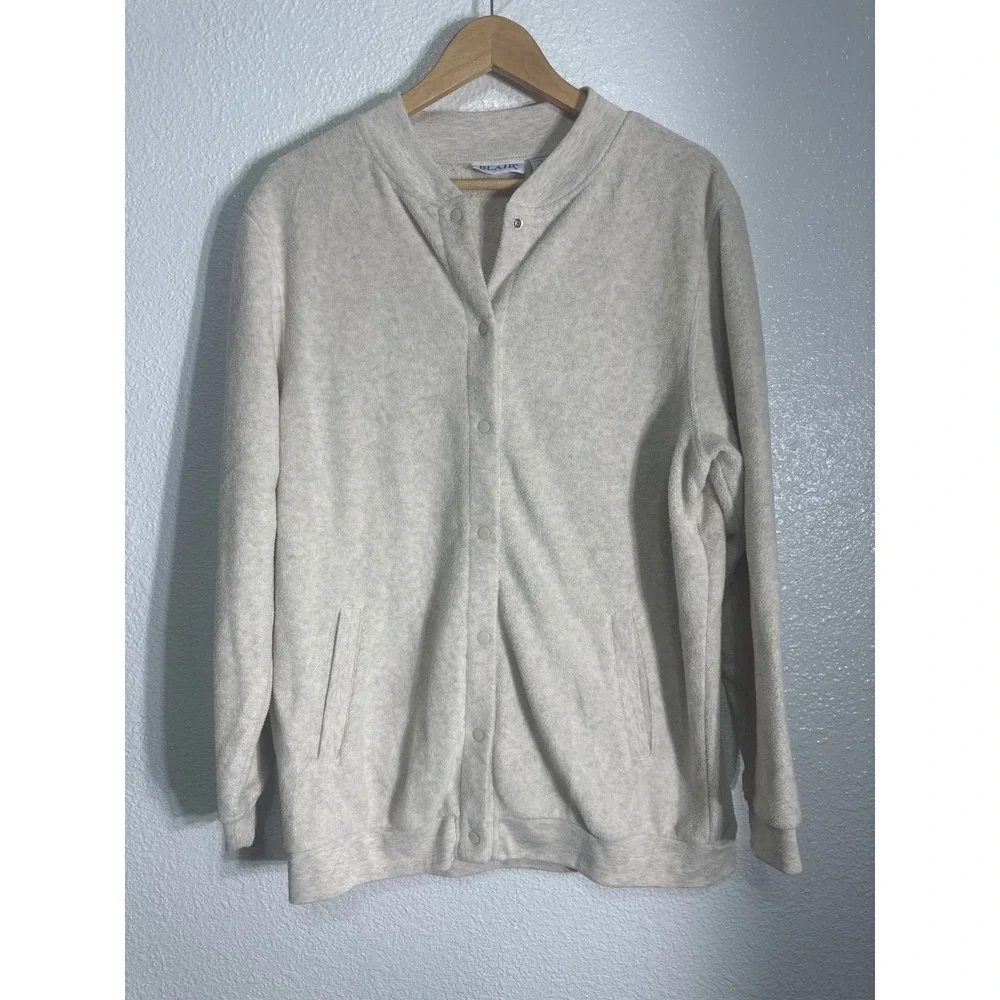 Blair Womens Fleece Snap Front Bomber Jacket Beige LGE